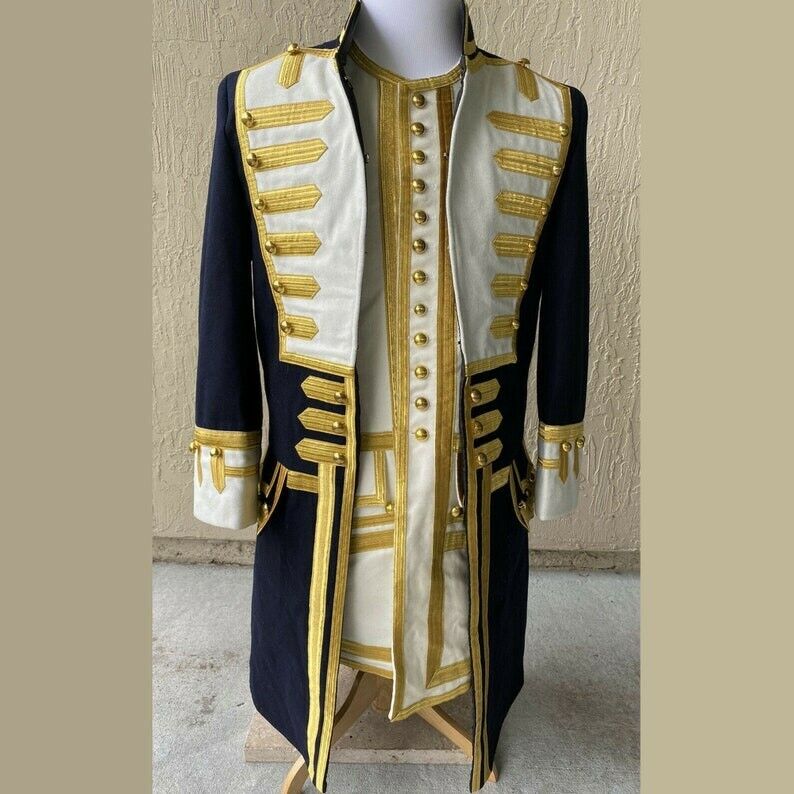New Navy Blue Admiral Commander Gable Stone Army Gothic Military Coat, Vest