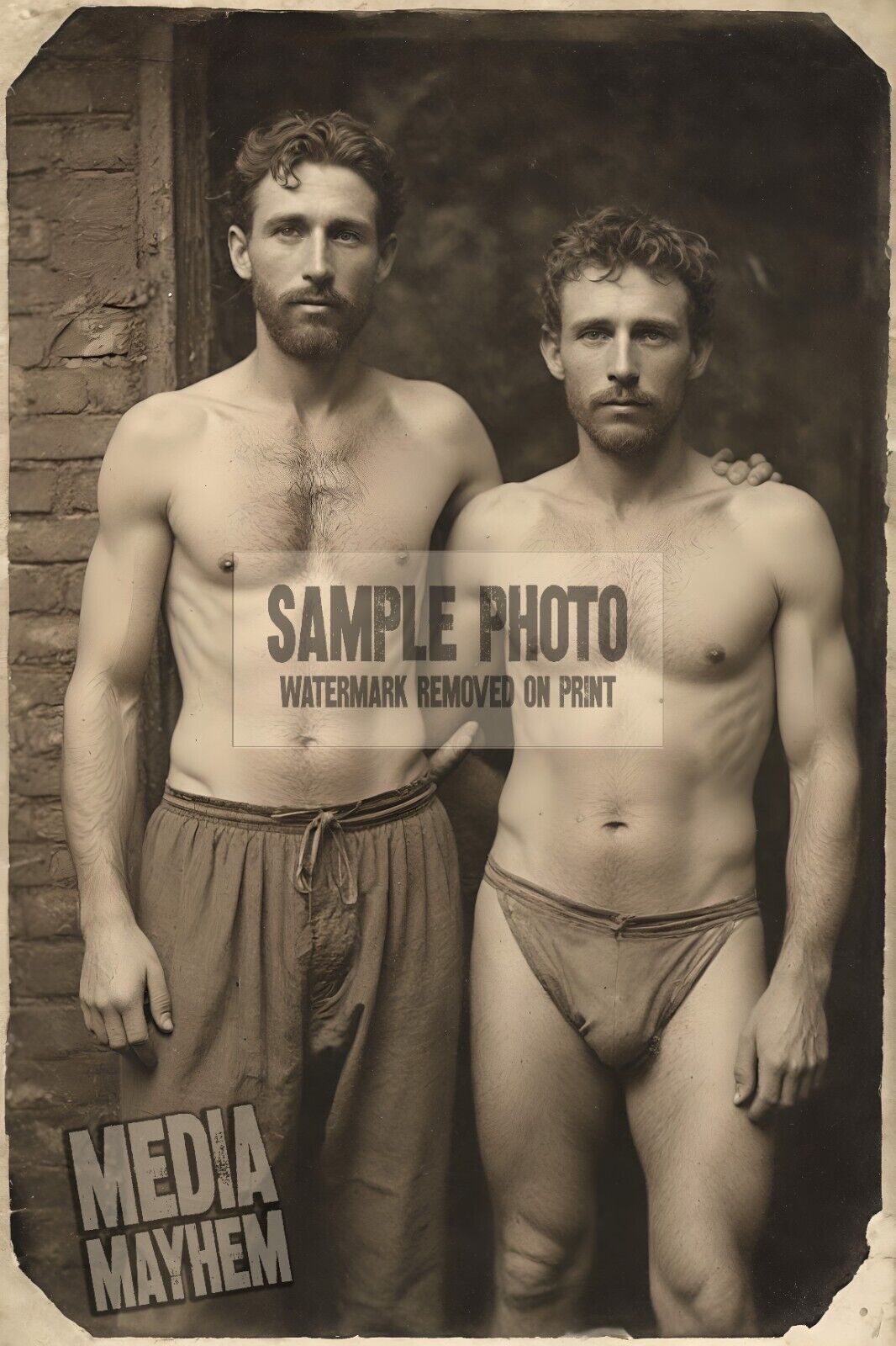 Two Rugged Young Men Shirtless Hugging Bulge Print 4x6 Gay Interest Photo #100