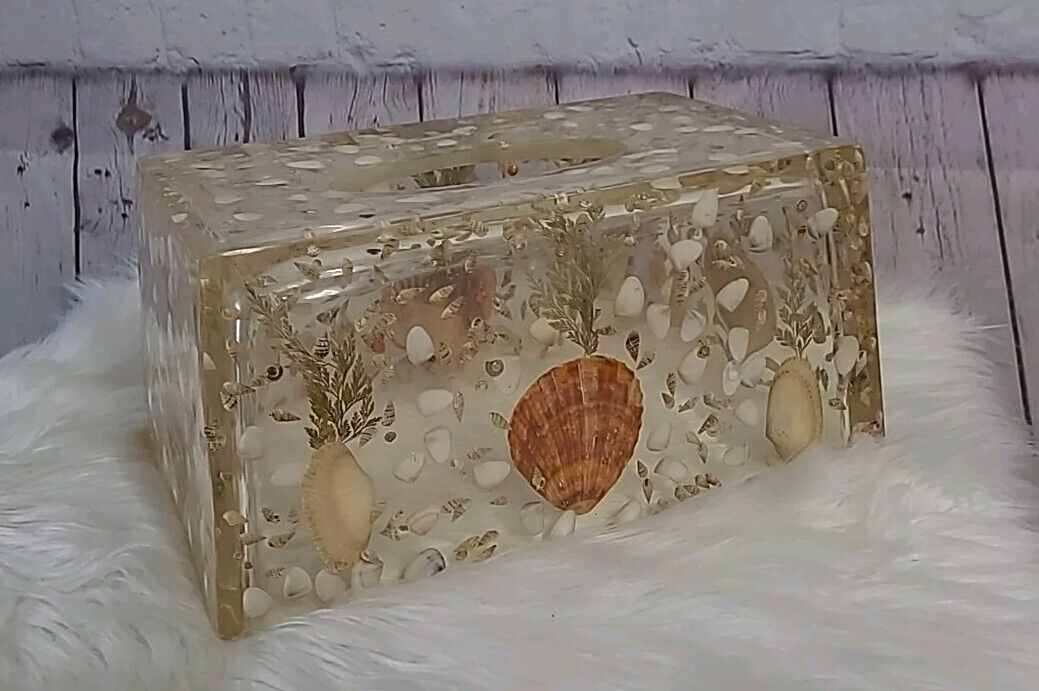 Vintage MCM Lucite Seashells Clam Shell Coastal  Tissue Box Cover Large Heavy