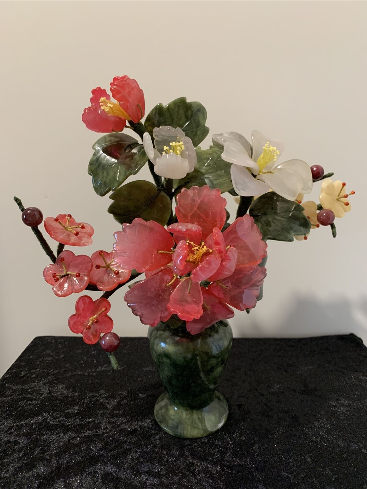 Vintage Murano Hand blown Flowers In Green Marble Vase