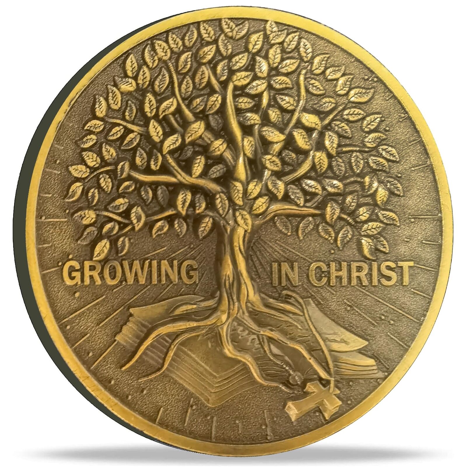 Growing in Christ Antique Gold Christian Challenge Coin Bible Verse Pocket