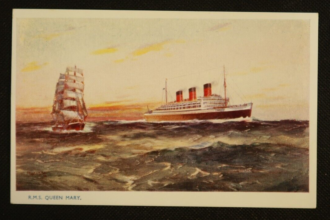 R.M.S. Queen Mary Steamship Postcard Photochrome Cunard Line Illustrated Scenery