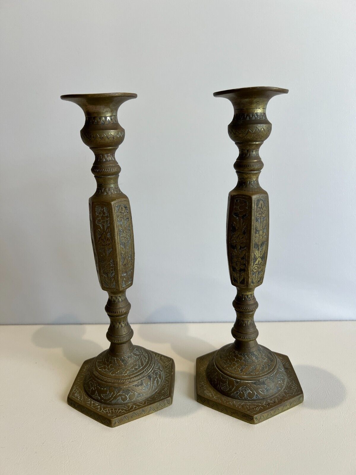 Vintage Pair of India Brass Hand Chased Candlesticks, 10\