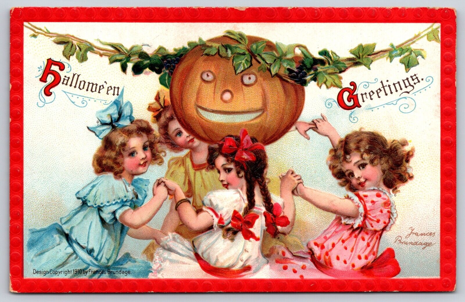 Antique Halloween Postcard Signed Frances Brundage Children Dancing Around JOL  