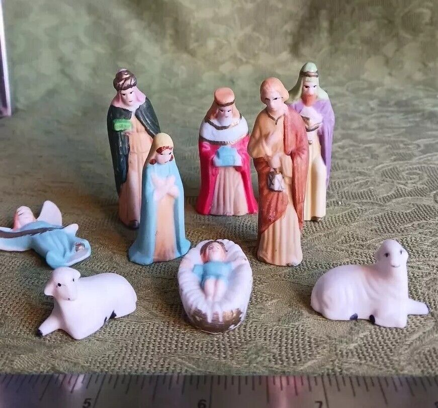 Vintage 8 Piece Bisque Porcelain Nativity Set Hand Painted Mini So Cute