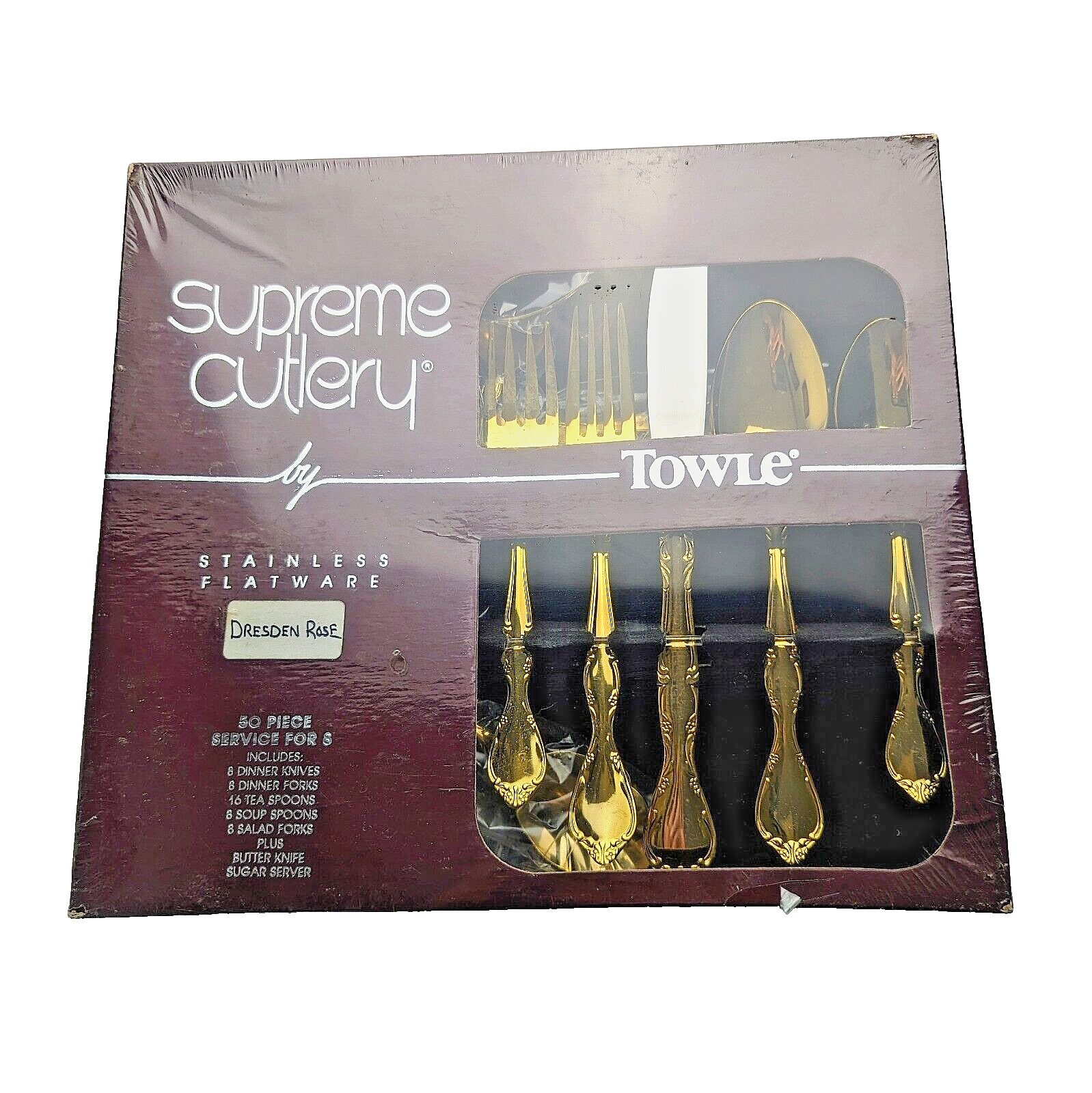 Vtg 80s Towle Supreme Cutlery 50-Piece Gold Tone Flatware Set Dresden Rose 1982