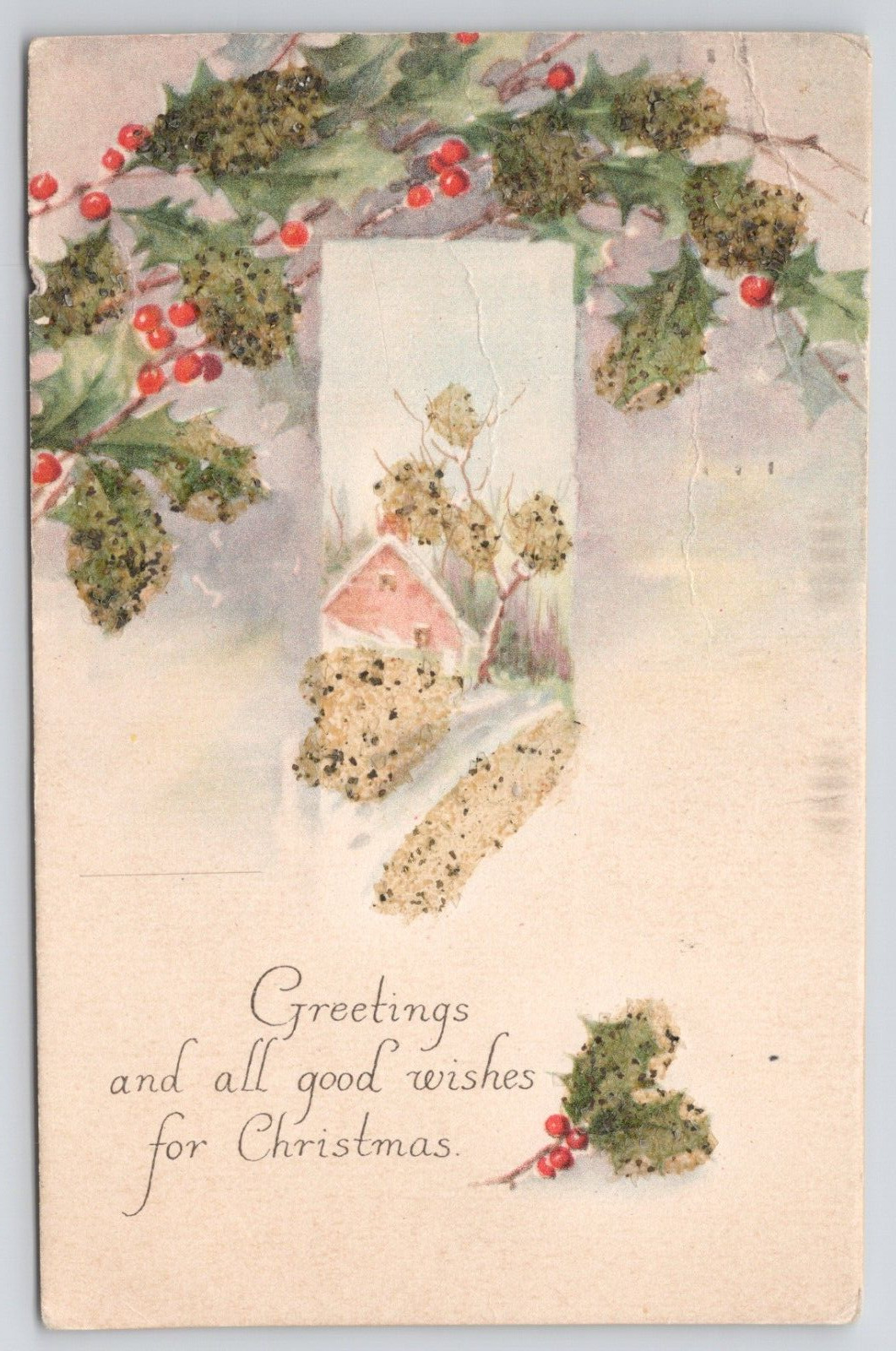 Christmas Greetings Holly, House Embossed Glitter 1922 Divided Back Postcard
