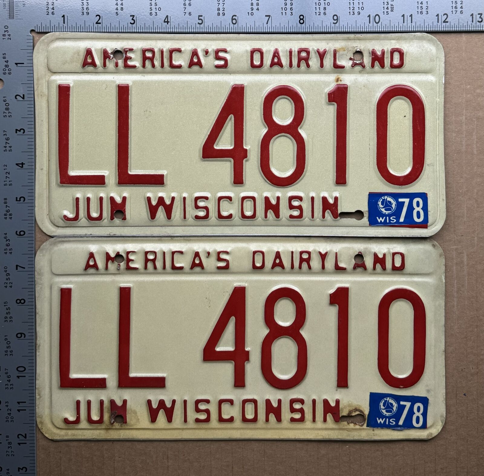 1978 Wisconsin license plate pair LL 4810 YOM DMV Ford Chevy Dodge 15790