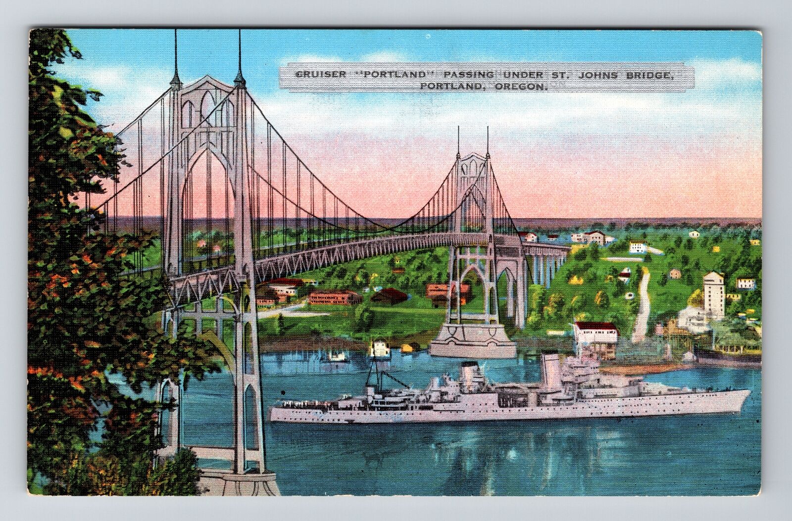 Portland OR-Oregon, Ship Passing Under St. Johns Bridge, Vintage Postcard