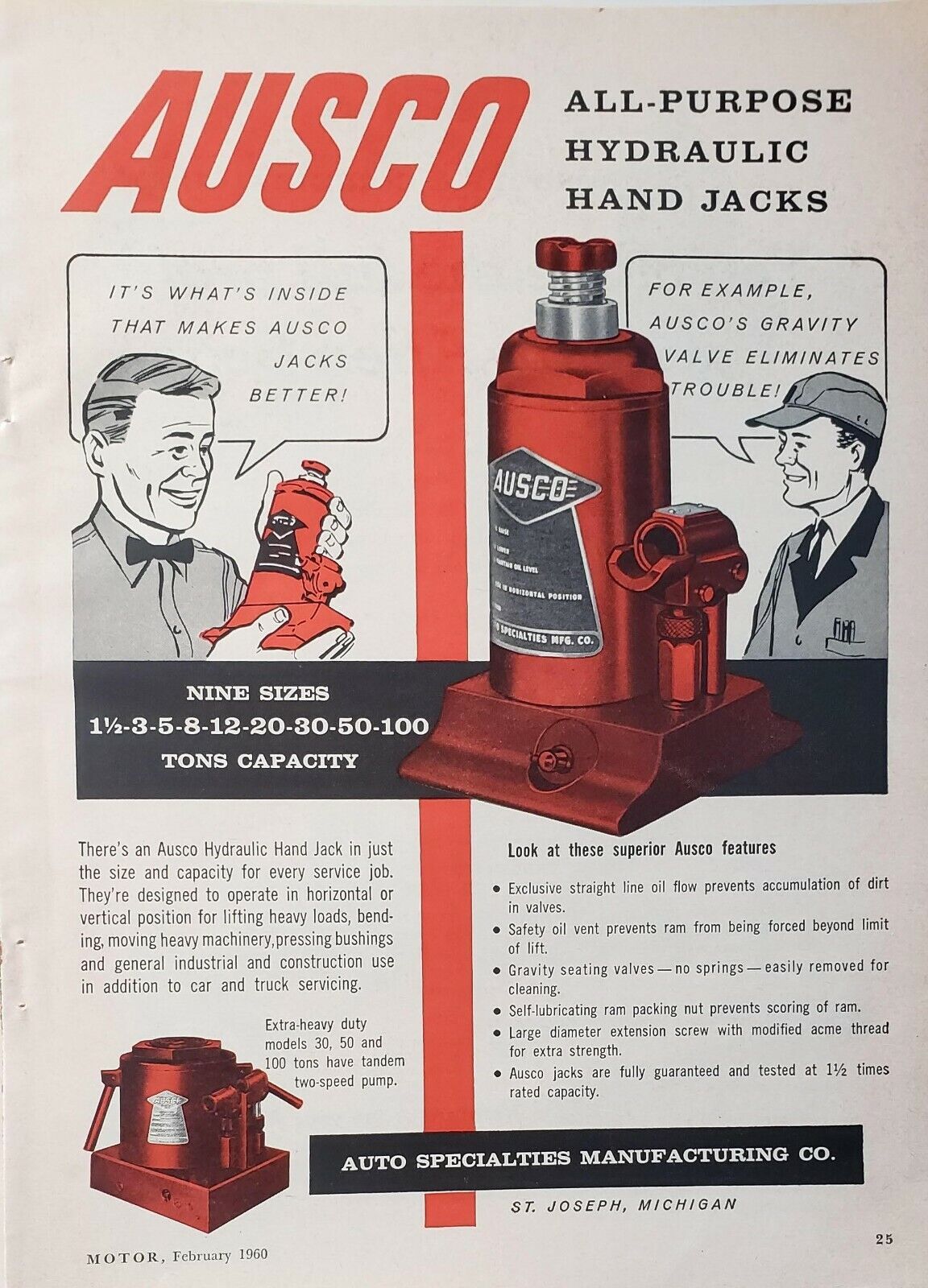 Lot of 3 Vintage AUSCO Hydraulic Hand One End Lift Jack  Print Ads