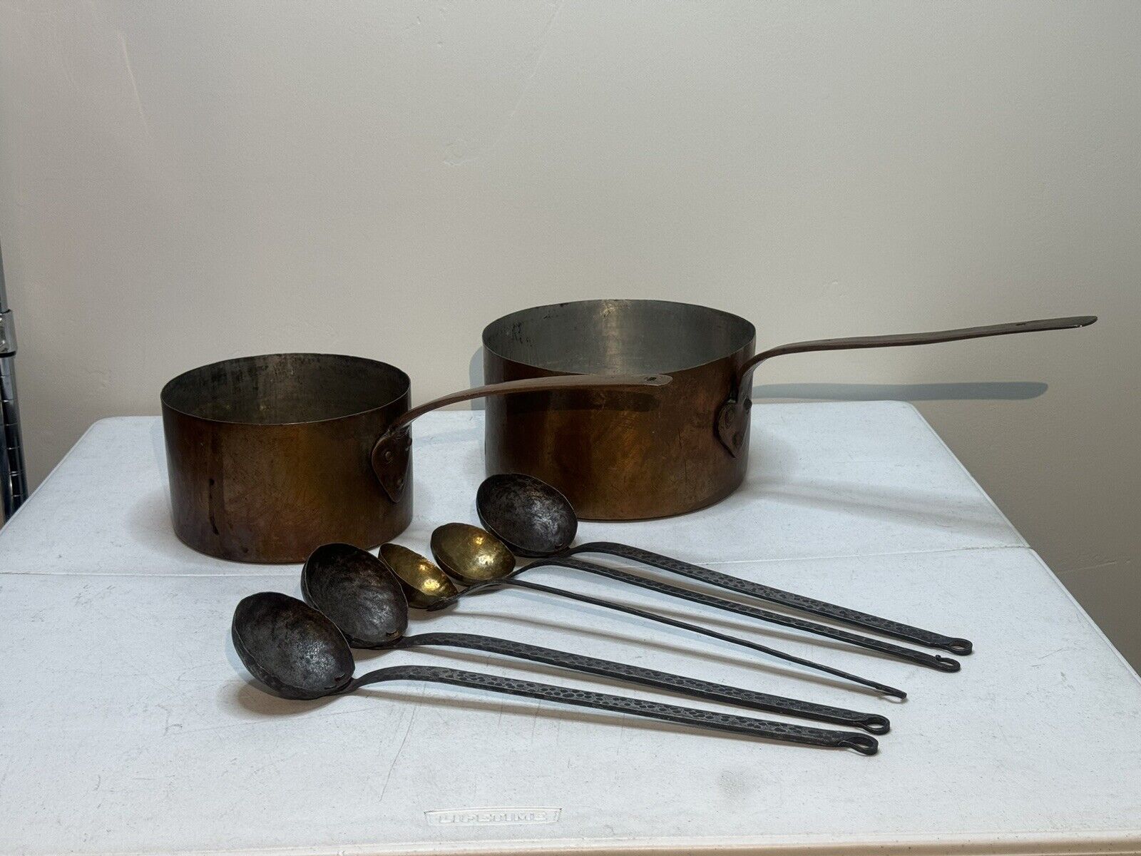 Antique 1889 Dated Copper 2 Pot PAN  and  4 ladles