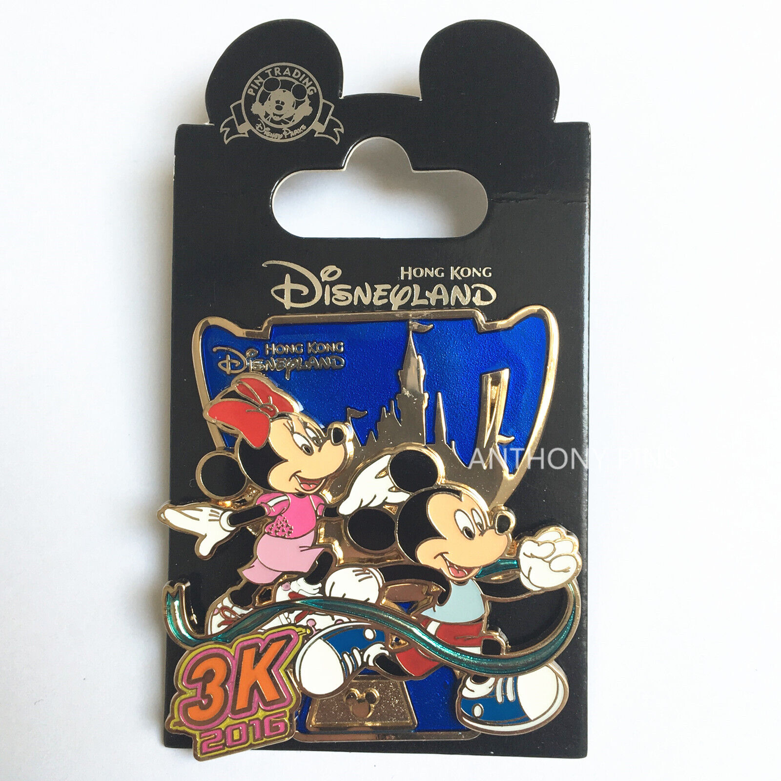 Disney Pin Hong Kong HKDL LE Pin Mickey an Minnie 3K Run 2016 New on Card