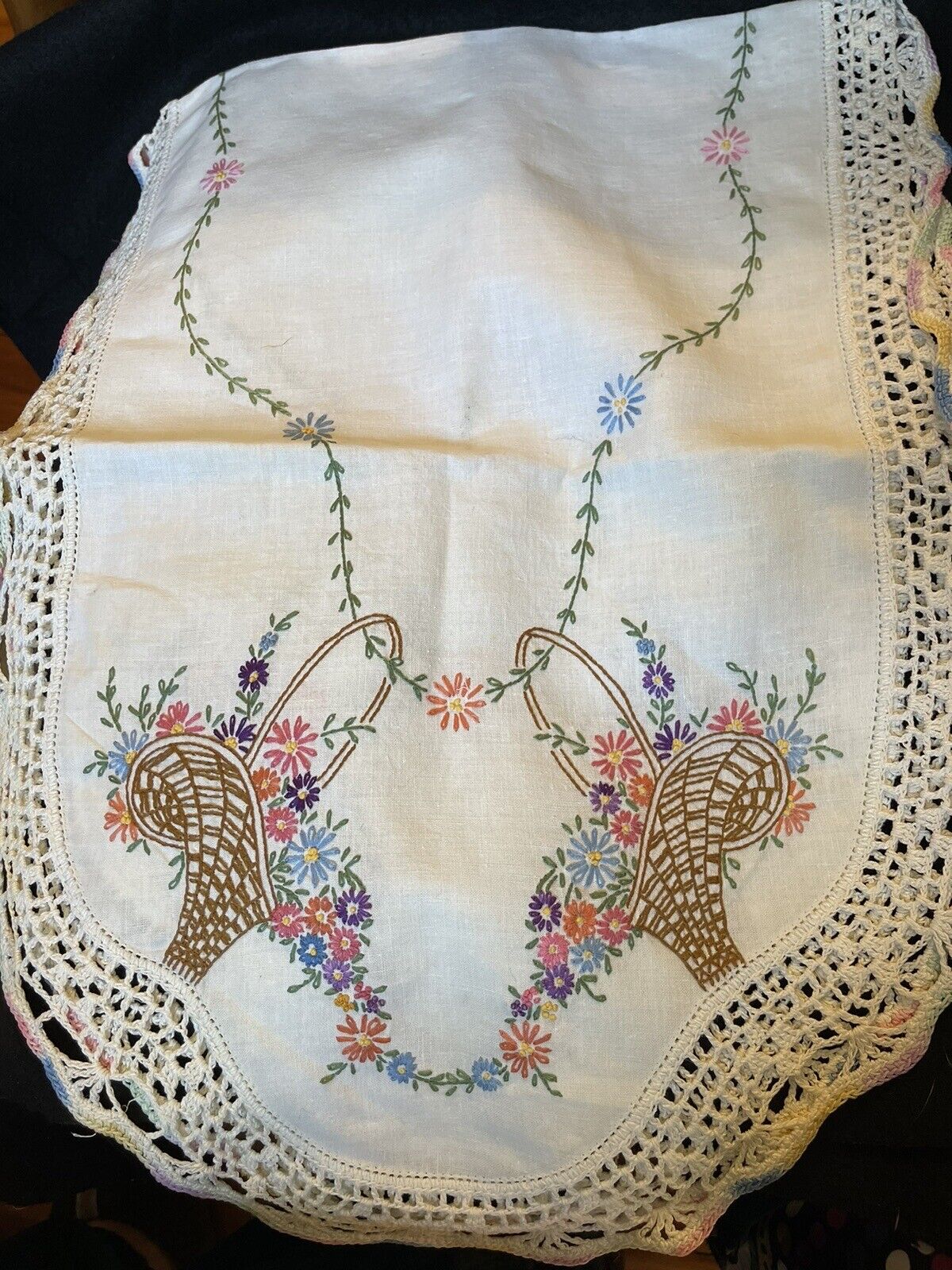 Vintage Handmade Embroidered Floral Basket Table Runner  With Crocheted Edging