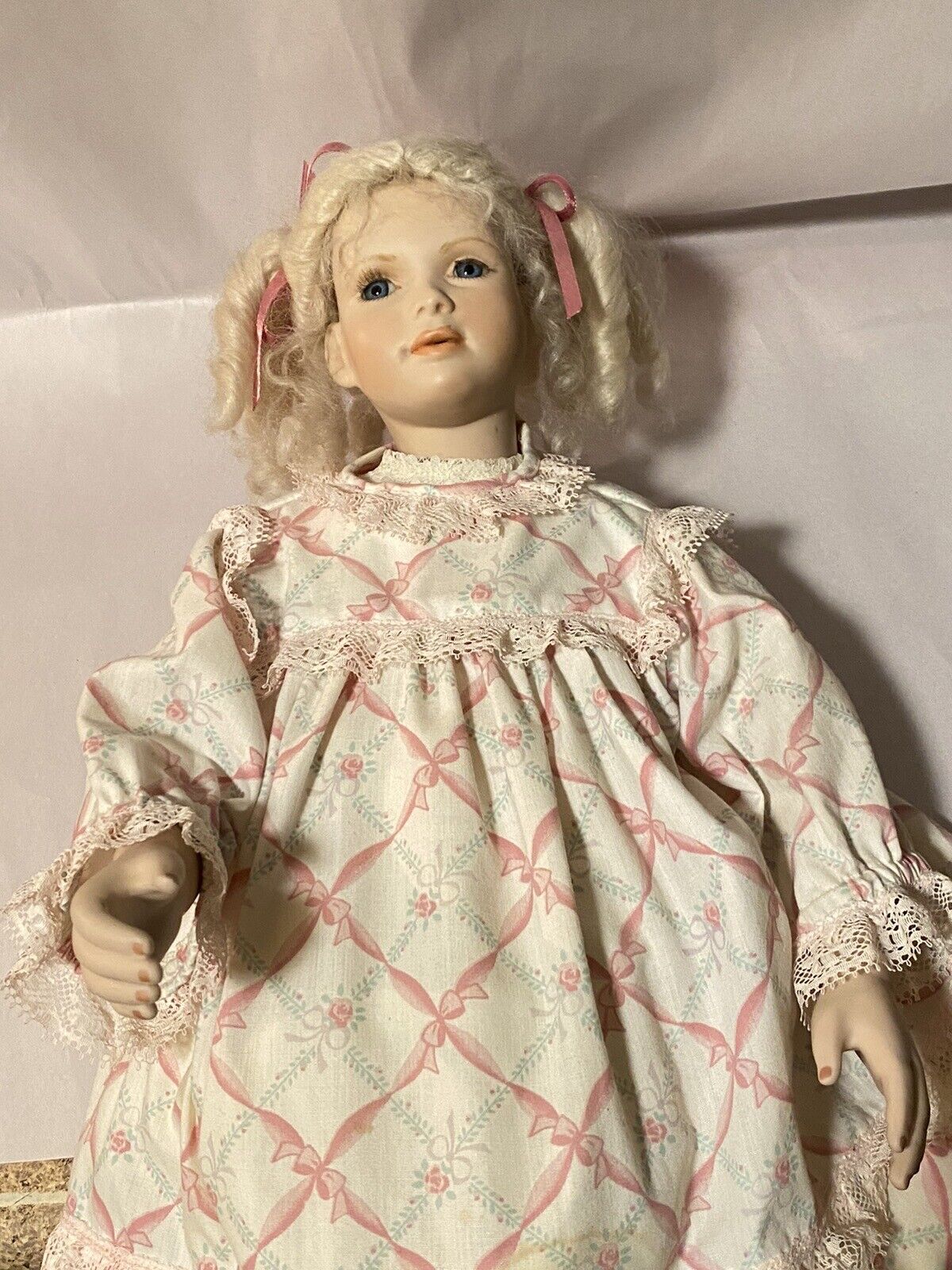 Vtg Made in Germany Global Dolls Girl Wig Girl Doll Pink And White Dress 1992