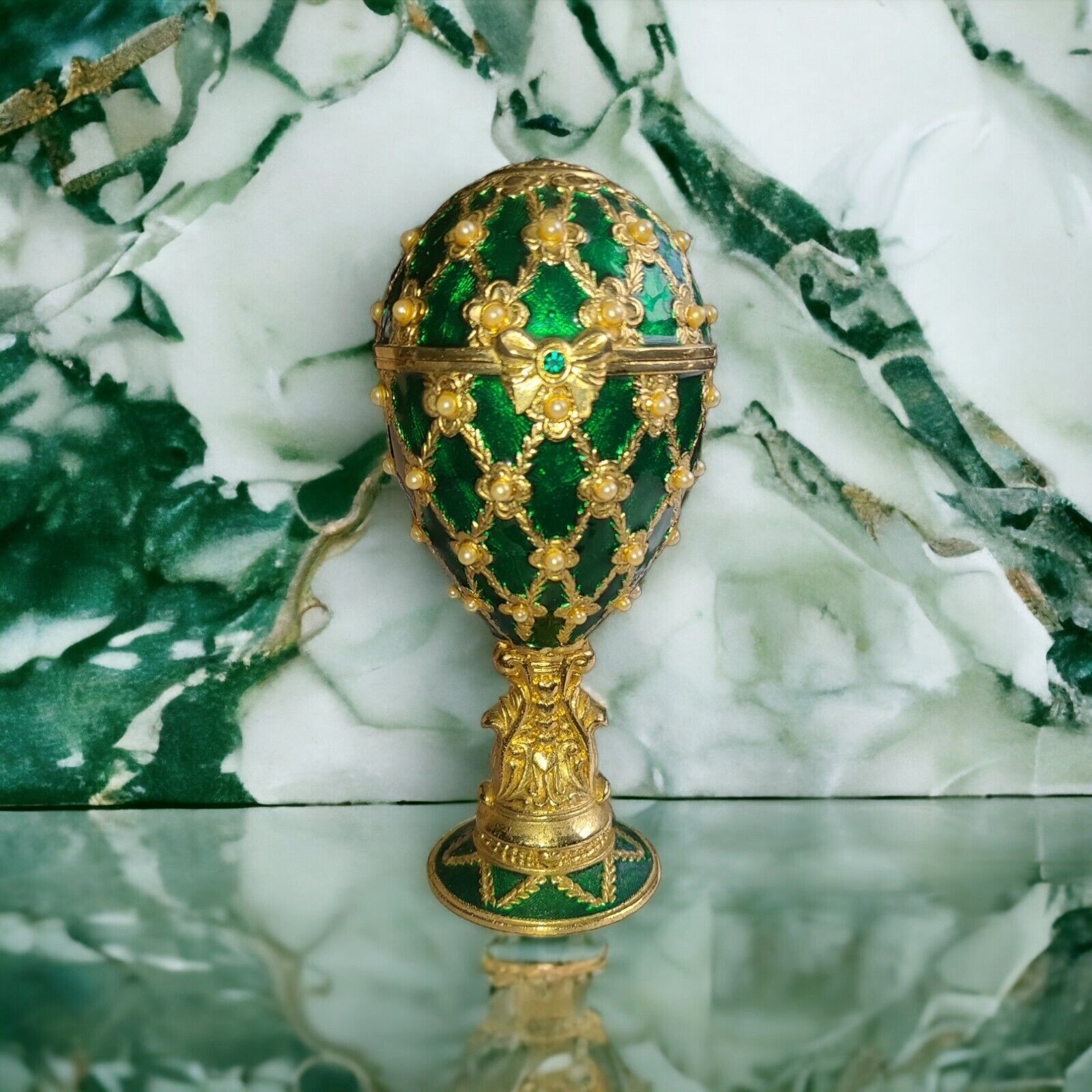 Faberge Inspired Krischerco Imperial Egg Emerald & Gold Enamel