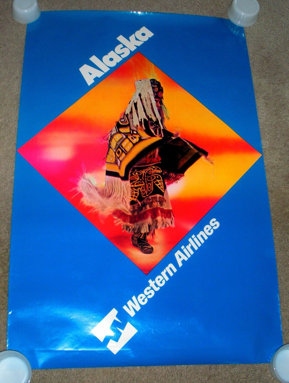 Authentic 1970's Western Airlines Alaska Native Inuit Colorful Poster EUC