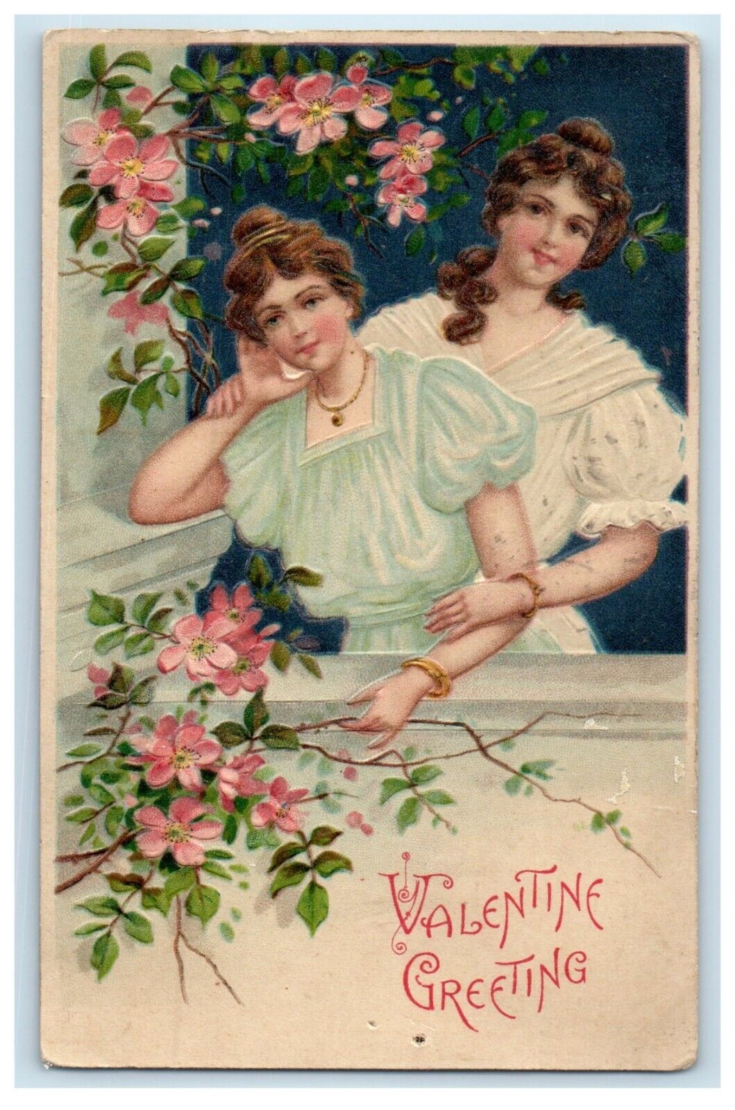 1908 Valentine Greetings Two Beautiful Girls And Pink Pansies Flowers Postcard