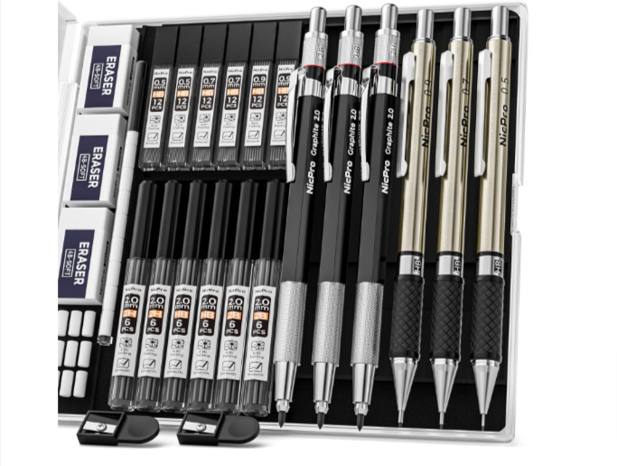 6PCS Art Mechanical Pencils Set, 3PCS Metal Drafting Pencil 0.5 Mm,0.7 Mm,0.9Mm