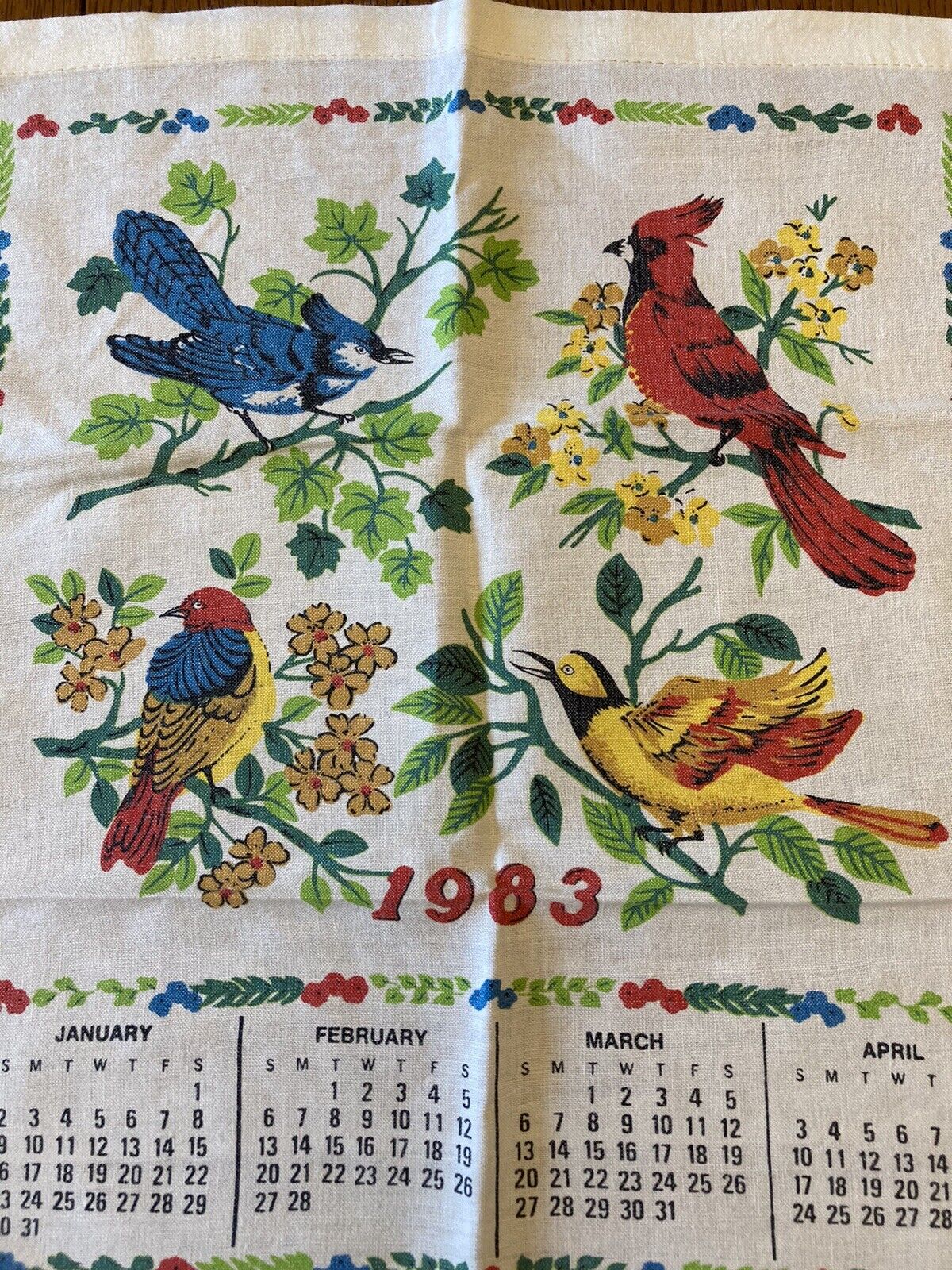Vtg 1983 Calendar Tea Towel Kitchen Wall Hang Birds Cardinal Blue Jay Grannycore
