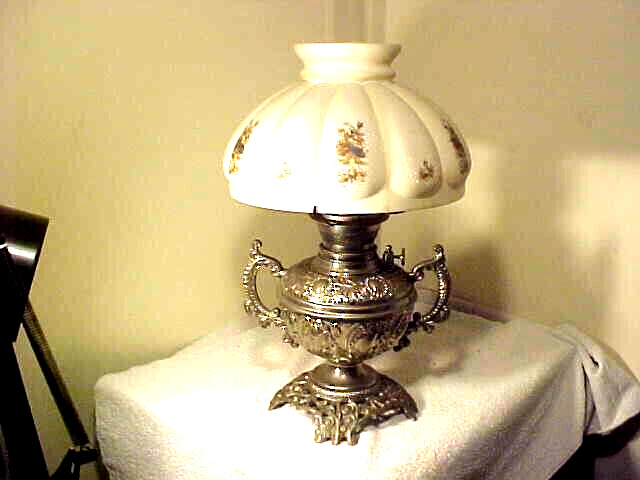 FABULOUS ANTIQUE OIL  P&A PARLOR LAMP WITH FENTON SATIN SHADE 1895