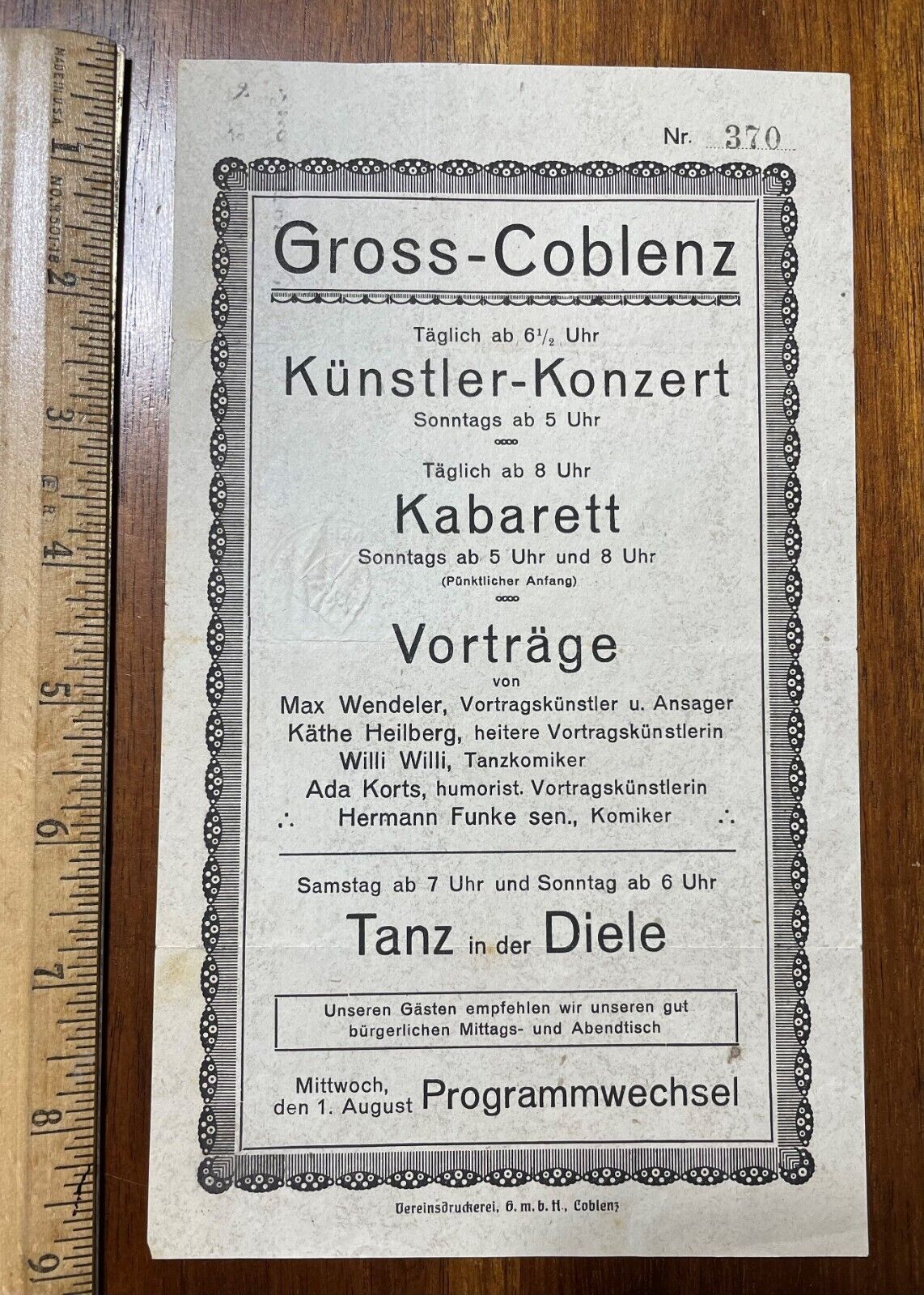 Vintage German program cabaret lectures artists concert comedy Gross-Coblenz