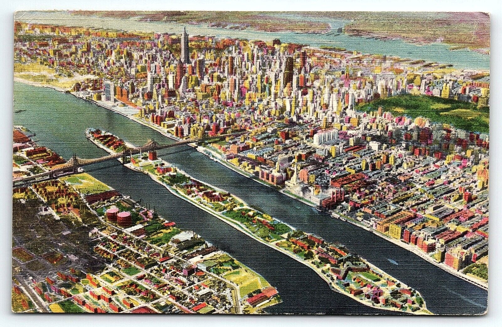 1930s EAST RIVER AND MANHATTAN SKYLINE FROM AIR NEW YORK LINEN POSTCARD P2534