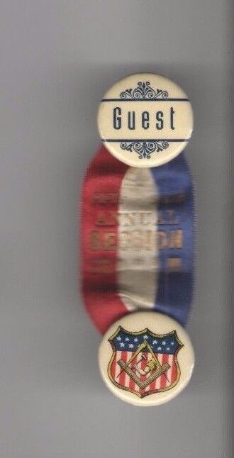 Early 1900s LABOR theme pinback CONVENTION 2 pin + Ribbon Guest badge MASONIC