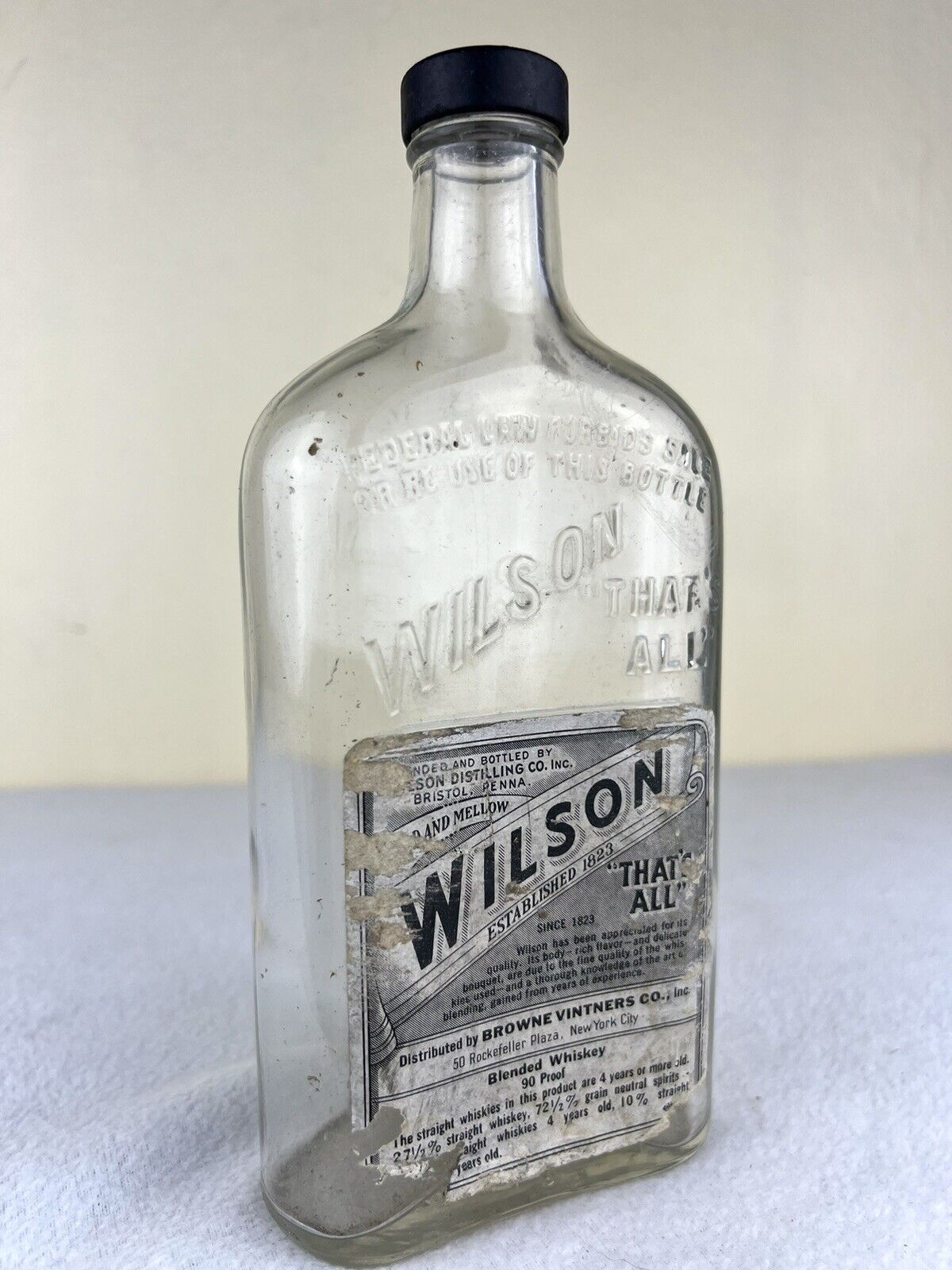 Vintage Wilson “That’s All” Whiskey Liquor Bottle Embossed With Label 8.5” USA