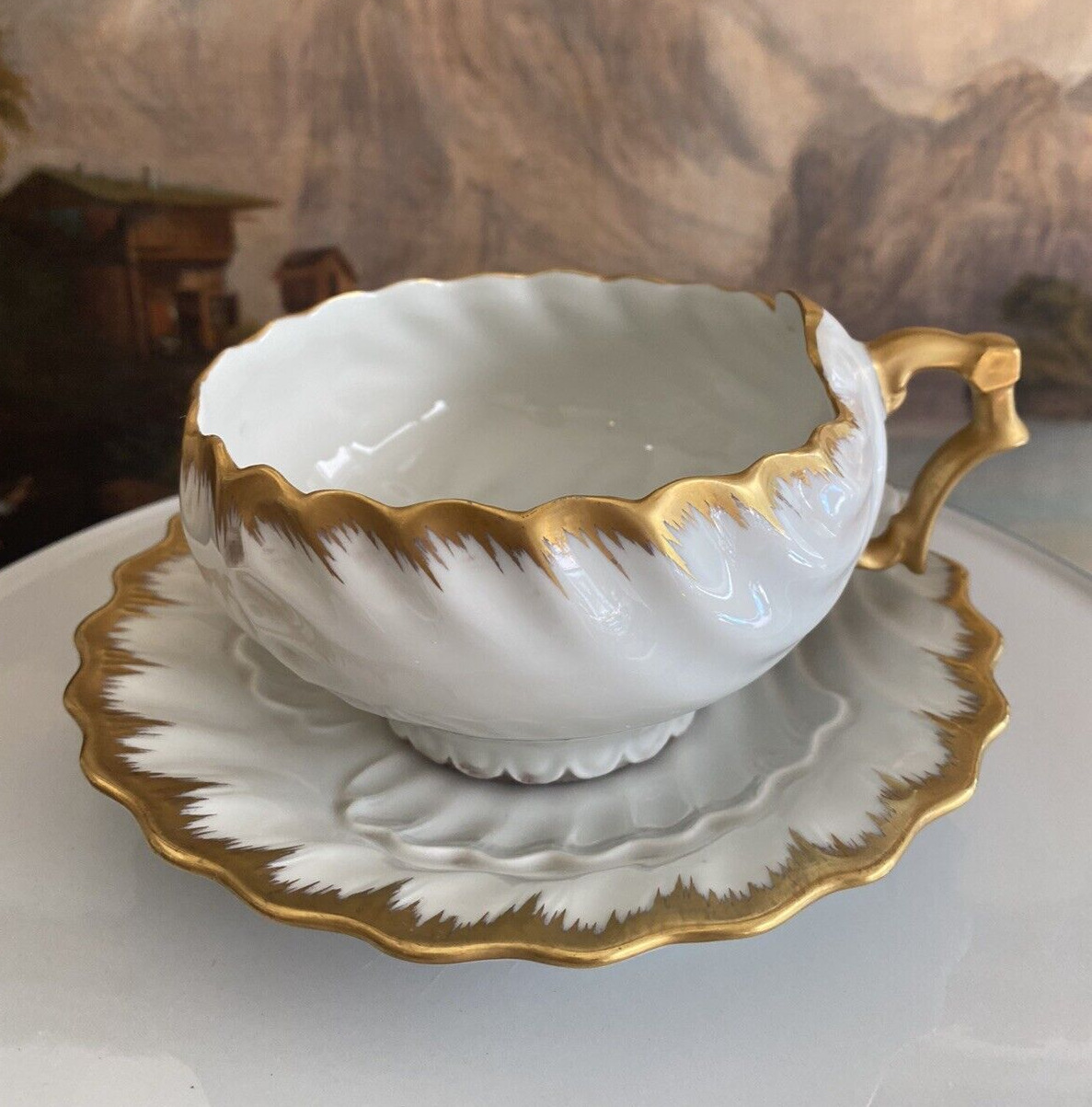 PORCELAINE DE FRANCE White Gold Large SHELL BREAKFAST CUP & SAUCER Vintage