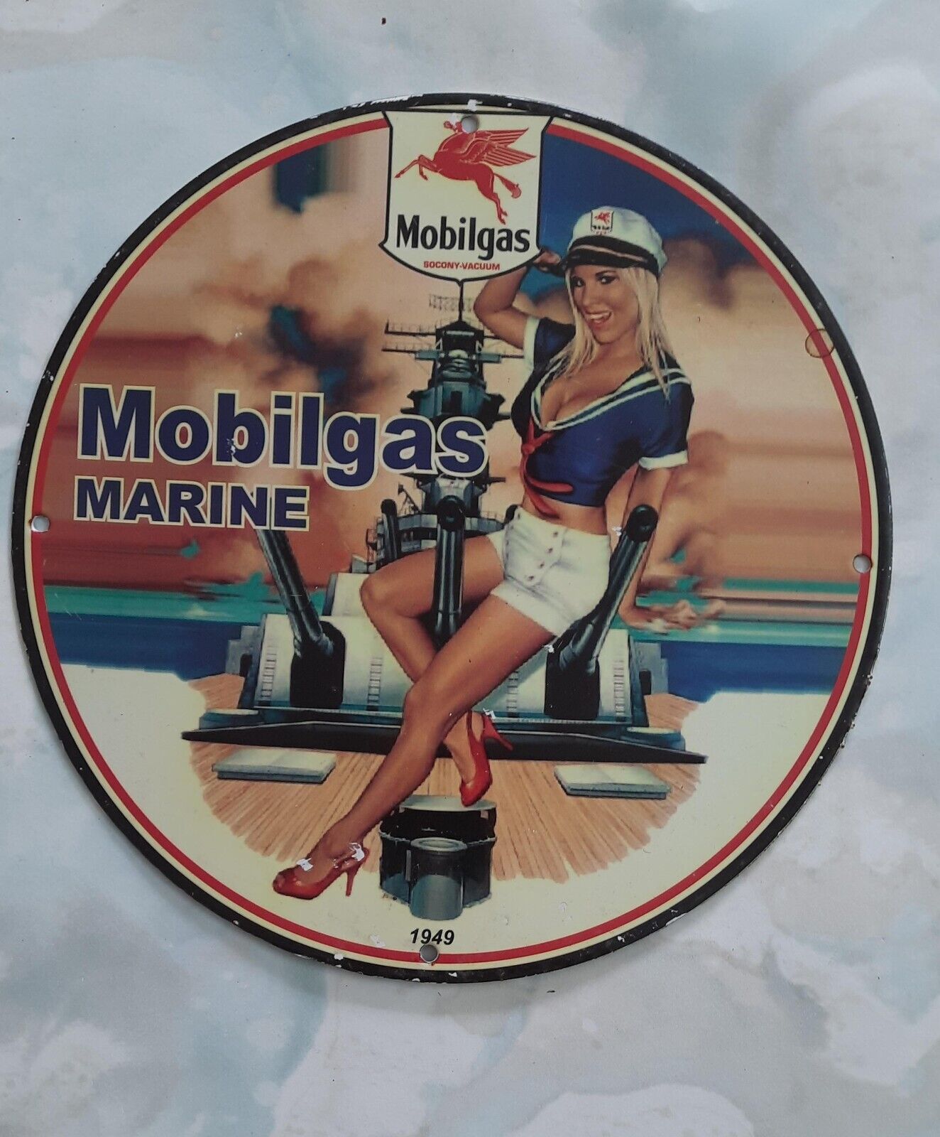 Mobilgas Marine pin up or hang porcelain sign for garage or mancave