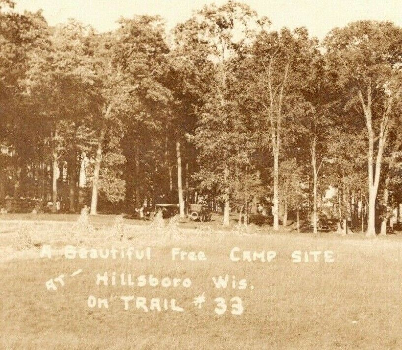 C.1920s RPPC Hillsboro WI Free Camp Site Trail #33 Motor Cars Wisconsin Postcard