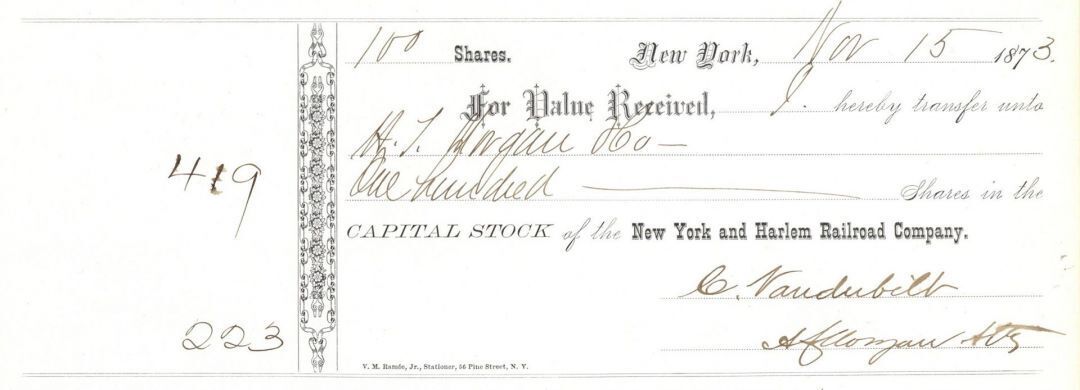 New York & Harlem Railroad Co. Transfer Signed by Attorney for Commodore Corneli