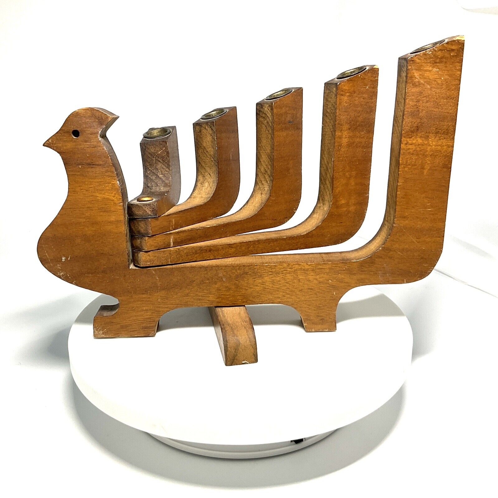 Vtg Danish Style Midcentury Modern Wood Bird Swing Arm Candle Holder Candelabra