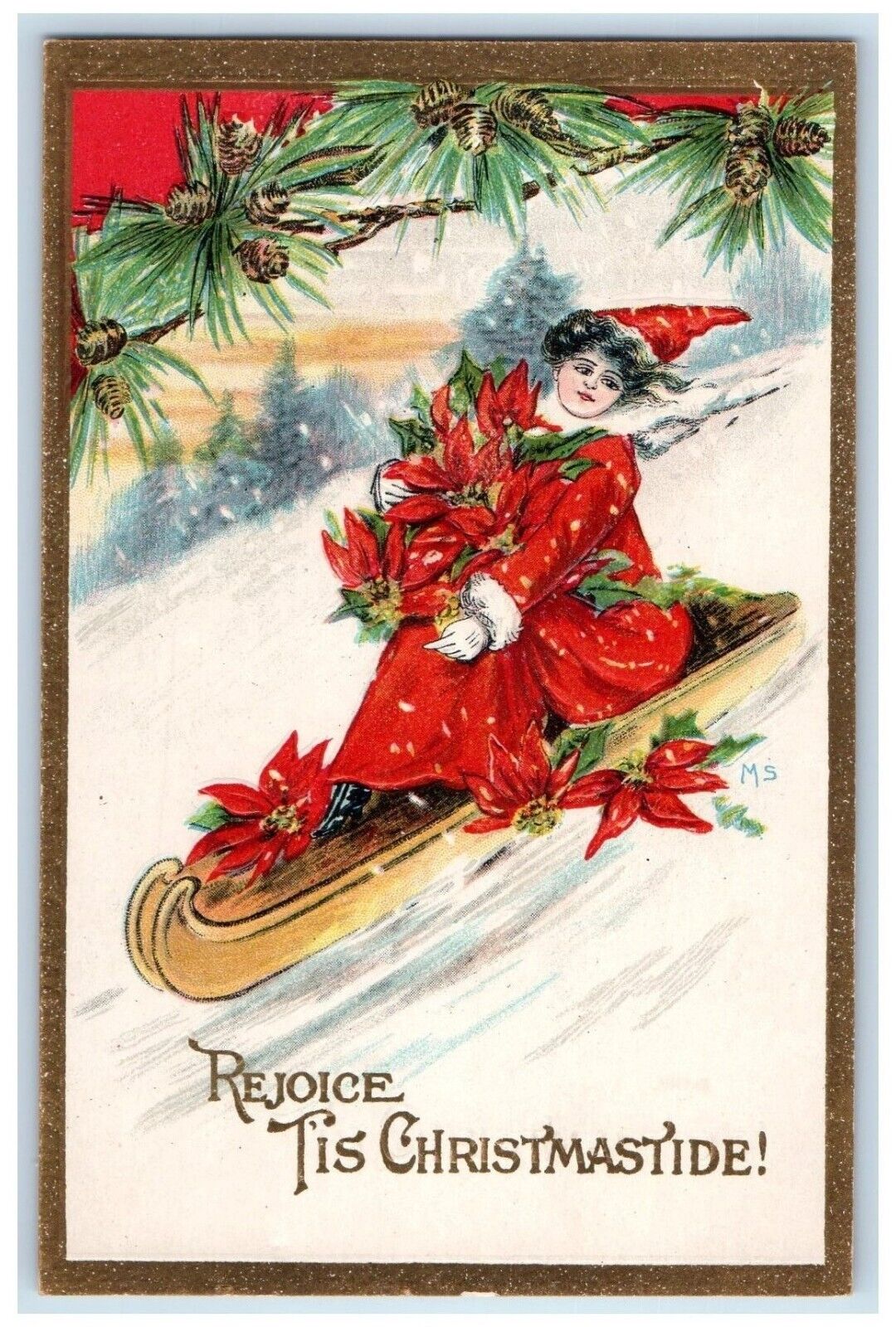 1911 Christmas Sledding With Poinsettia Flowers Fantasy Canoe Embossed Postcard