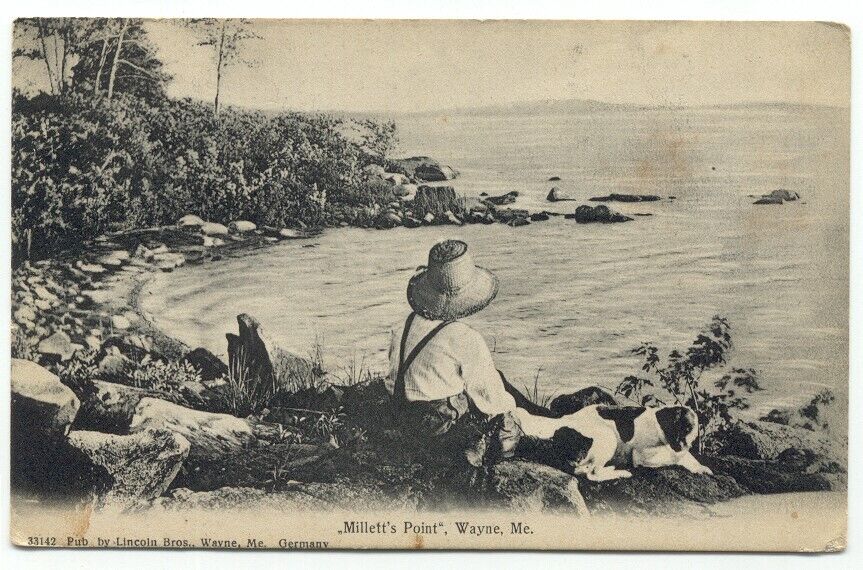 Wayne ME Millett\'s Point Child with Dog 1900s Postcard Maine