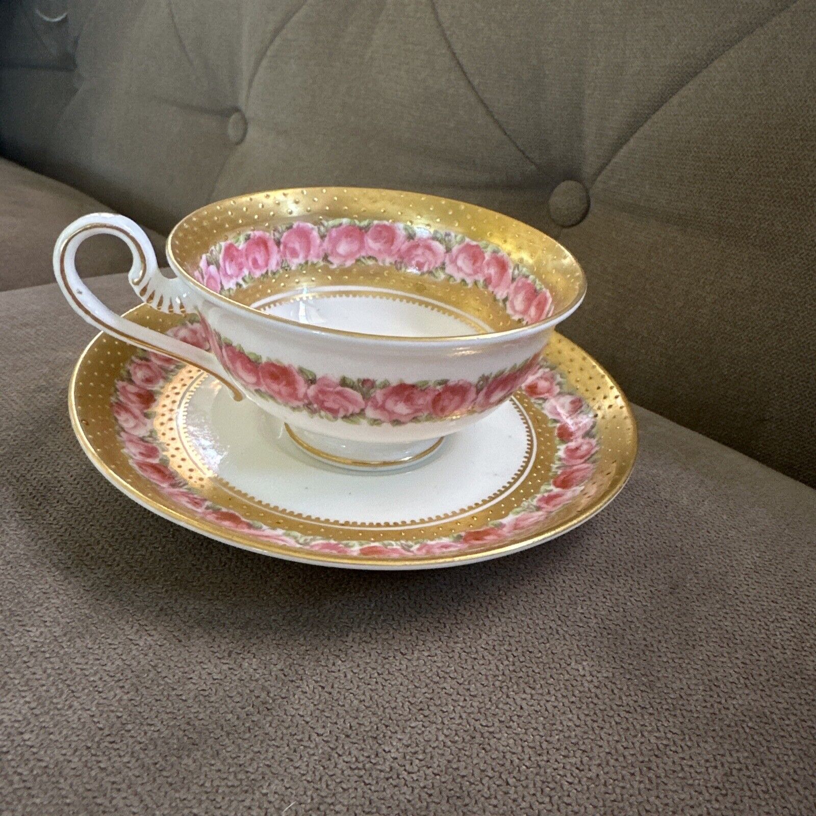Antique George Jones Tea Cup & Saucer Pink Roses Beaded Gilding