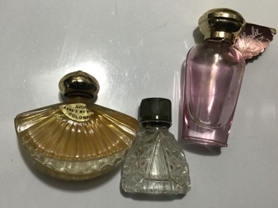 Old lot~3 Pretty Perfume Bottles~Charlie Tag Remnants~Chins Pagoda~Rocking Fan