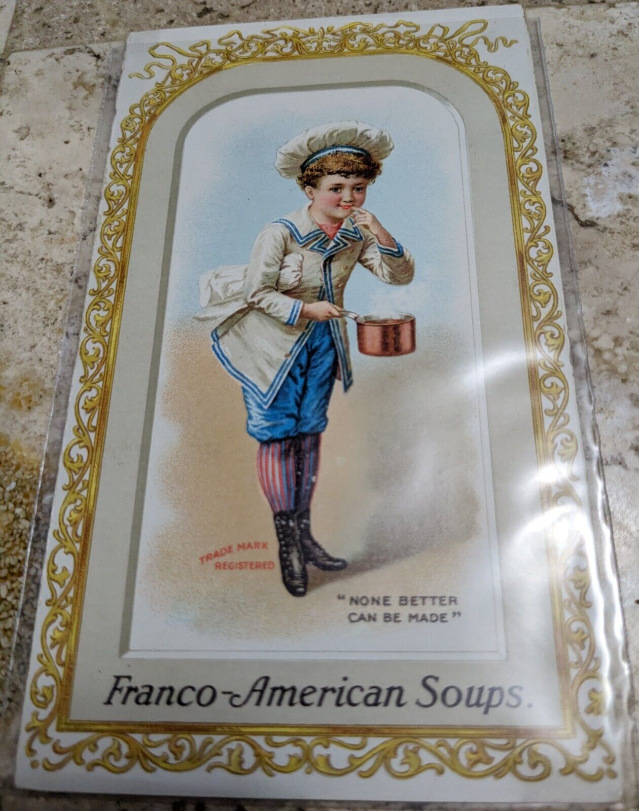 *RARE VICTORIAN TRADE CARD FRANCO AMERICAN SOUPS BI FOLD JERSEY CITY HEIGHTS, NJ
