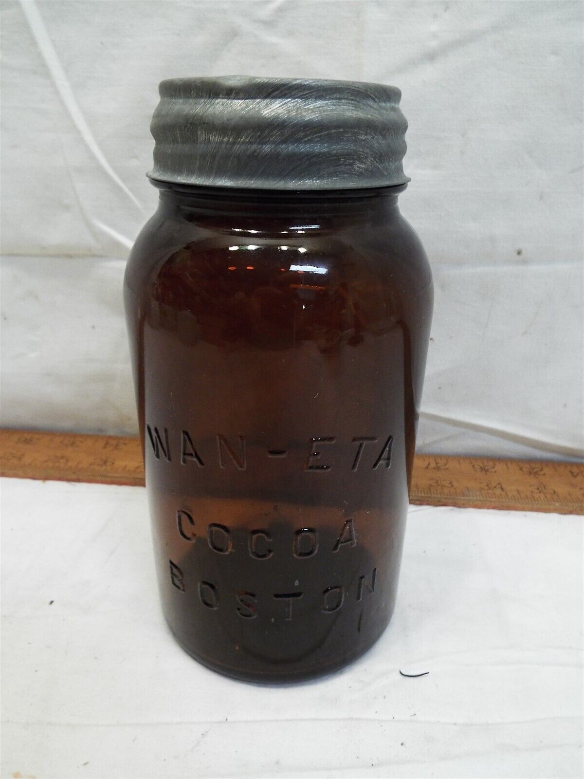 Vintage Brown Amber Wan-Eta Cocoa Boston Canning Quart Jar Zinc Lid