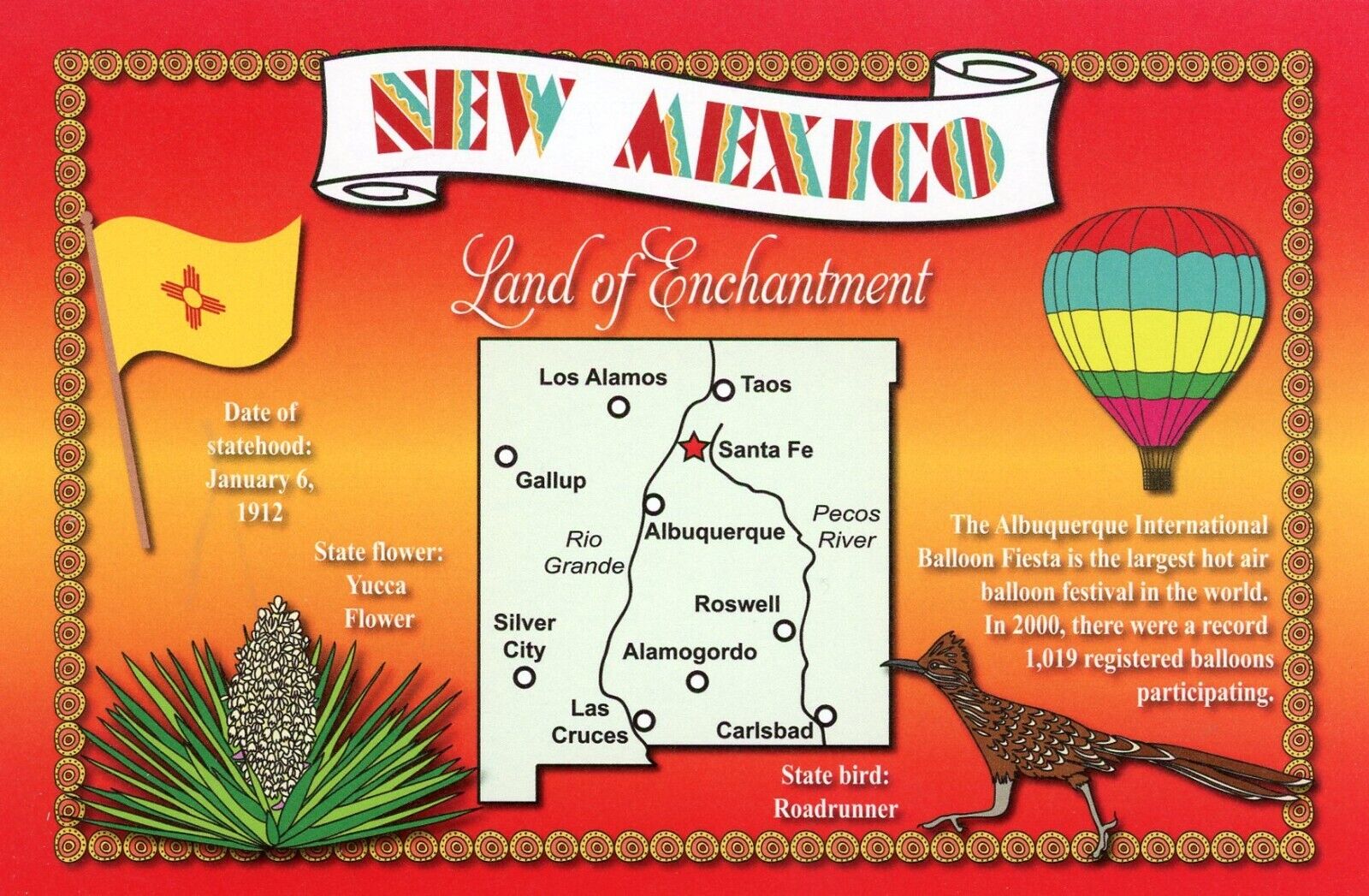 New Mexico, Land of Enchantment, Map & Facts; Capital: Santa Fe --POSTCARD