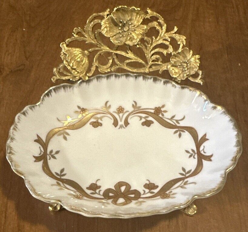  Vintage MATSON GOLD footed Ceramic Soap Dish Hollywood Regency Mcm Beautiful 