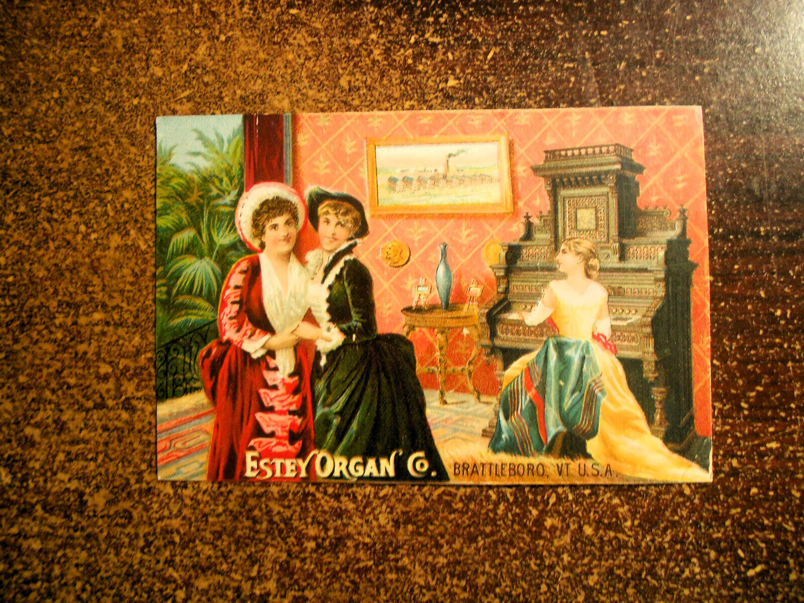ESTEY ORGAN CO. BRATTLEBORO, VT. TRADE CARD WOMAN PLAYING ORGAN