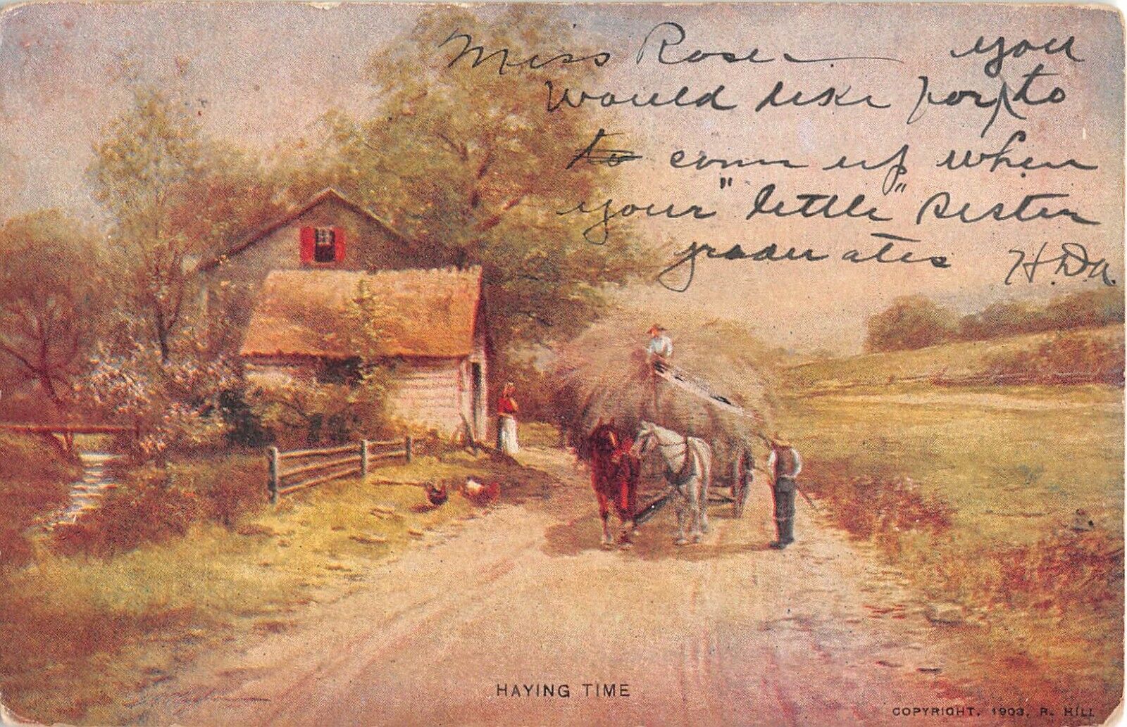 1906 Postcard - Horses Pulling Hay Wagon With Farmers-Haying Time-Art Series 235