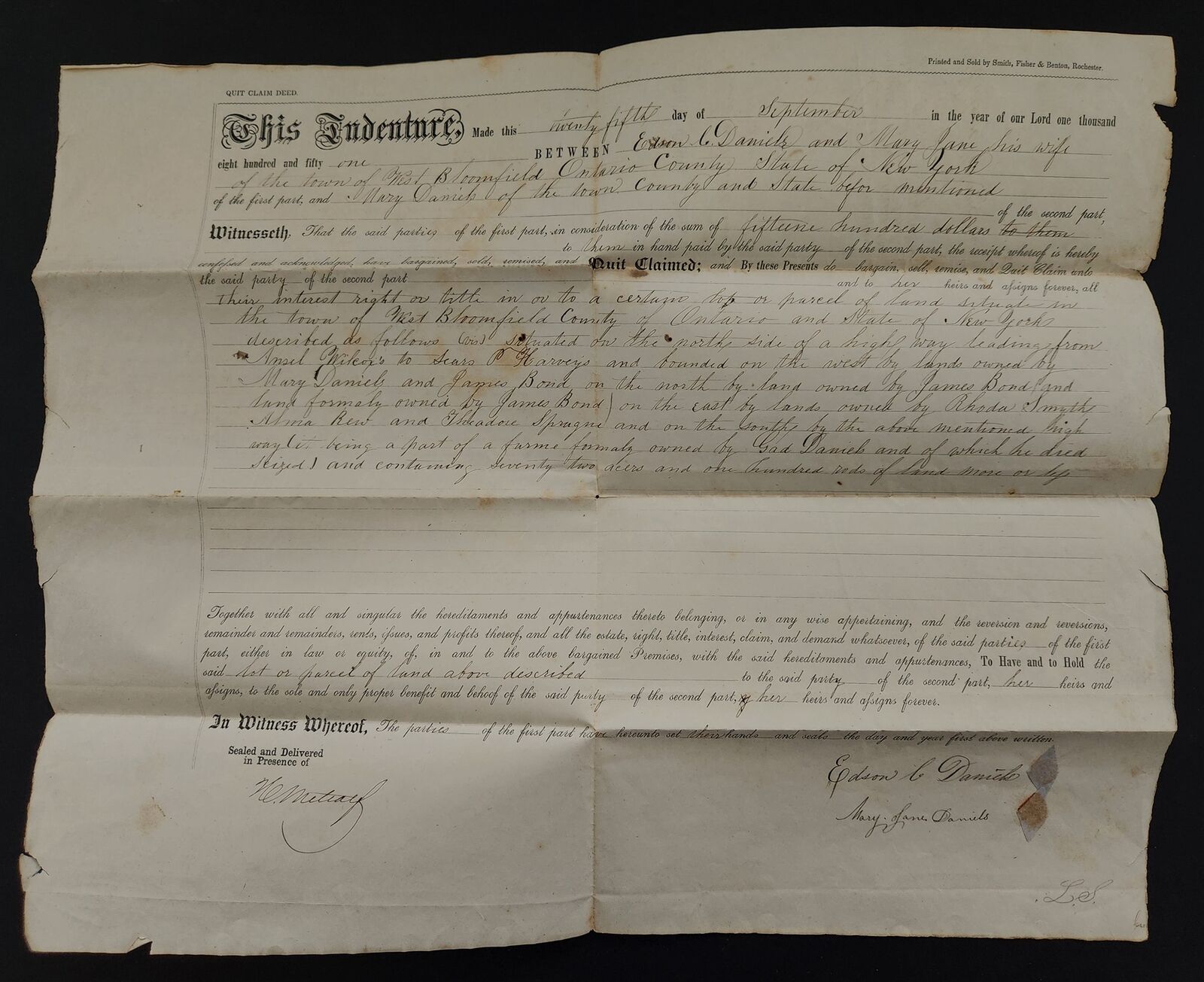 1851 antique DEED EDSON DANIELS mary jane west bloomfield ontario ny MARY