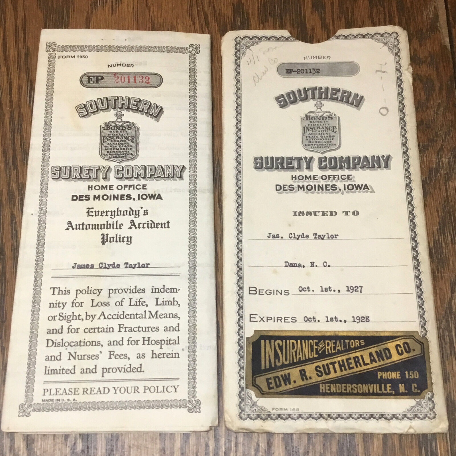 1927-1928 Southern Surety Company Des Moines, Iowa Automobile Accident Policy