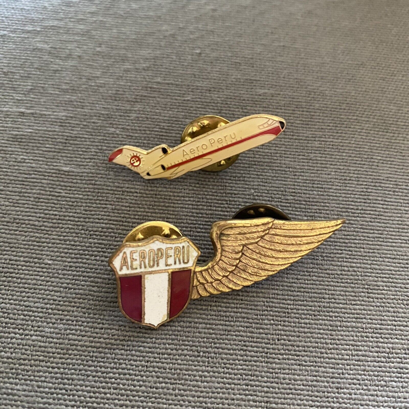 Vintage Aero Peru Enamel Pins x2 Lot Of 2 Stewardess Wing Badge & Air Plane