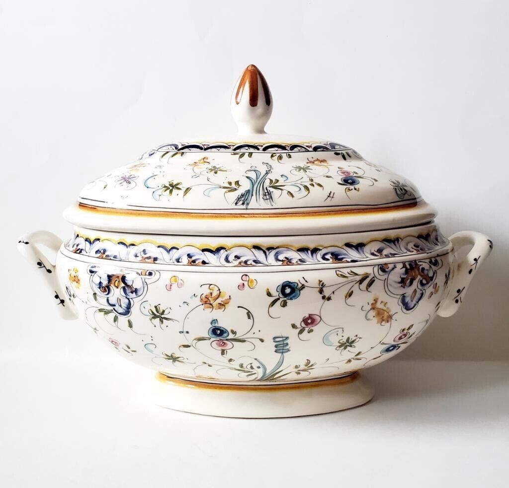 Large Beautiful French Soup Tureen Peint Main Spring Flowers 15” Hand Painted
