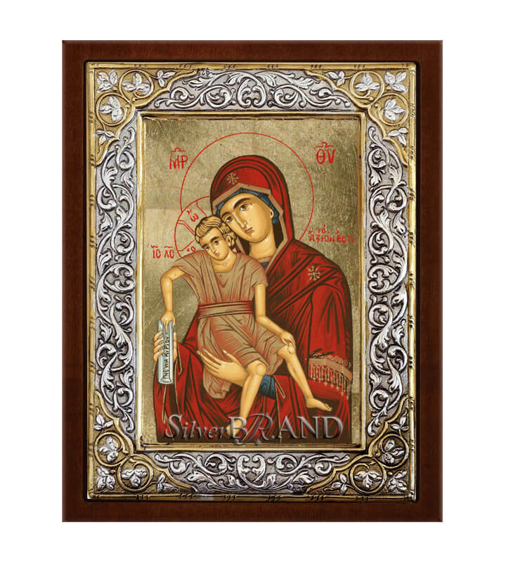 Greek Orthodox Silver Icon Virgin Mary Theotokos Axion Esti Hagiography 26x20cm