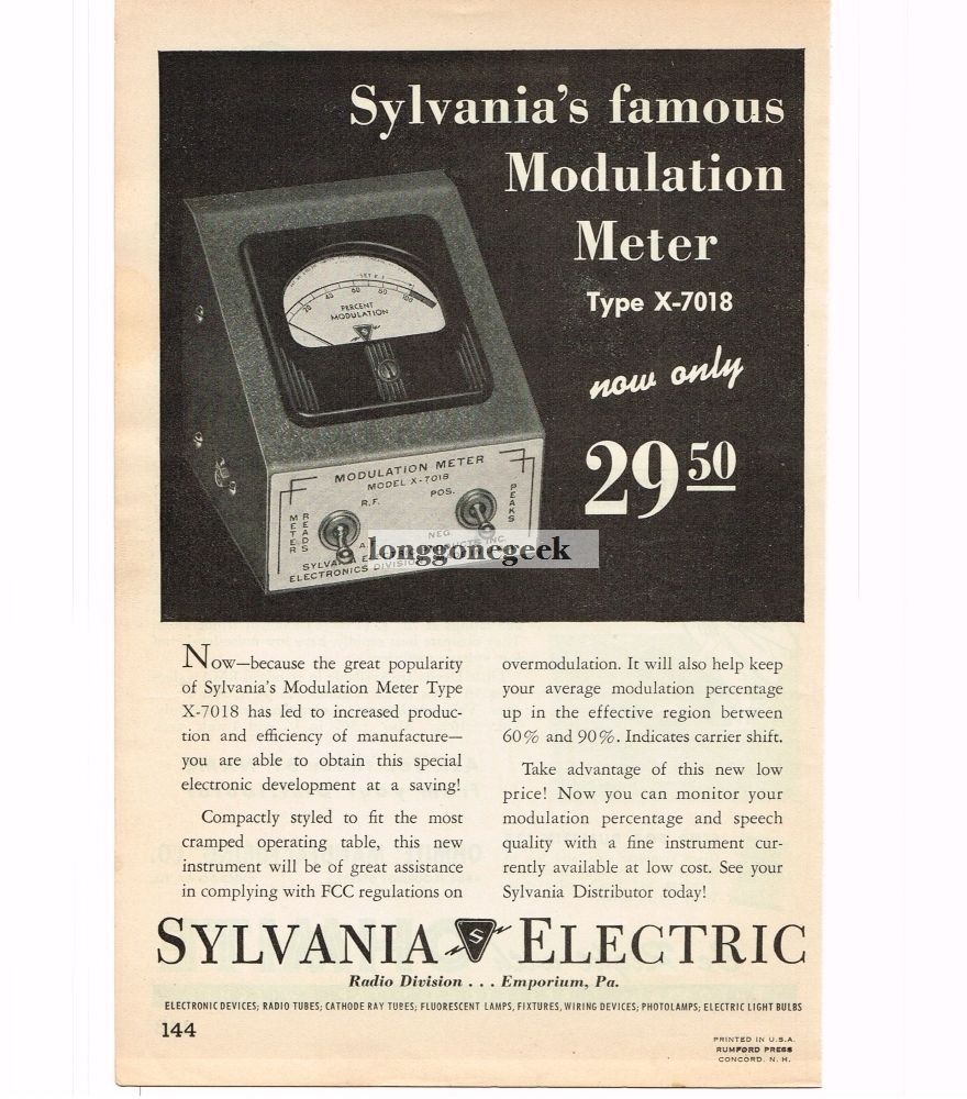 1948 Sylvania Electric X-7018 Modulation Meter Ham Radio VINTAGE Print Ad