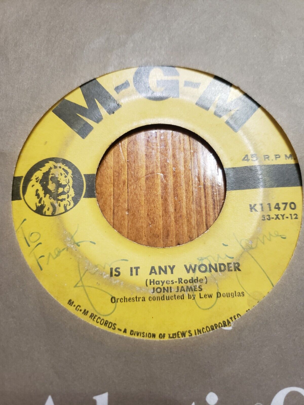 Vintage 1953 Rare Autografted Joni James 45 Vinyl Record.  \